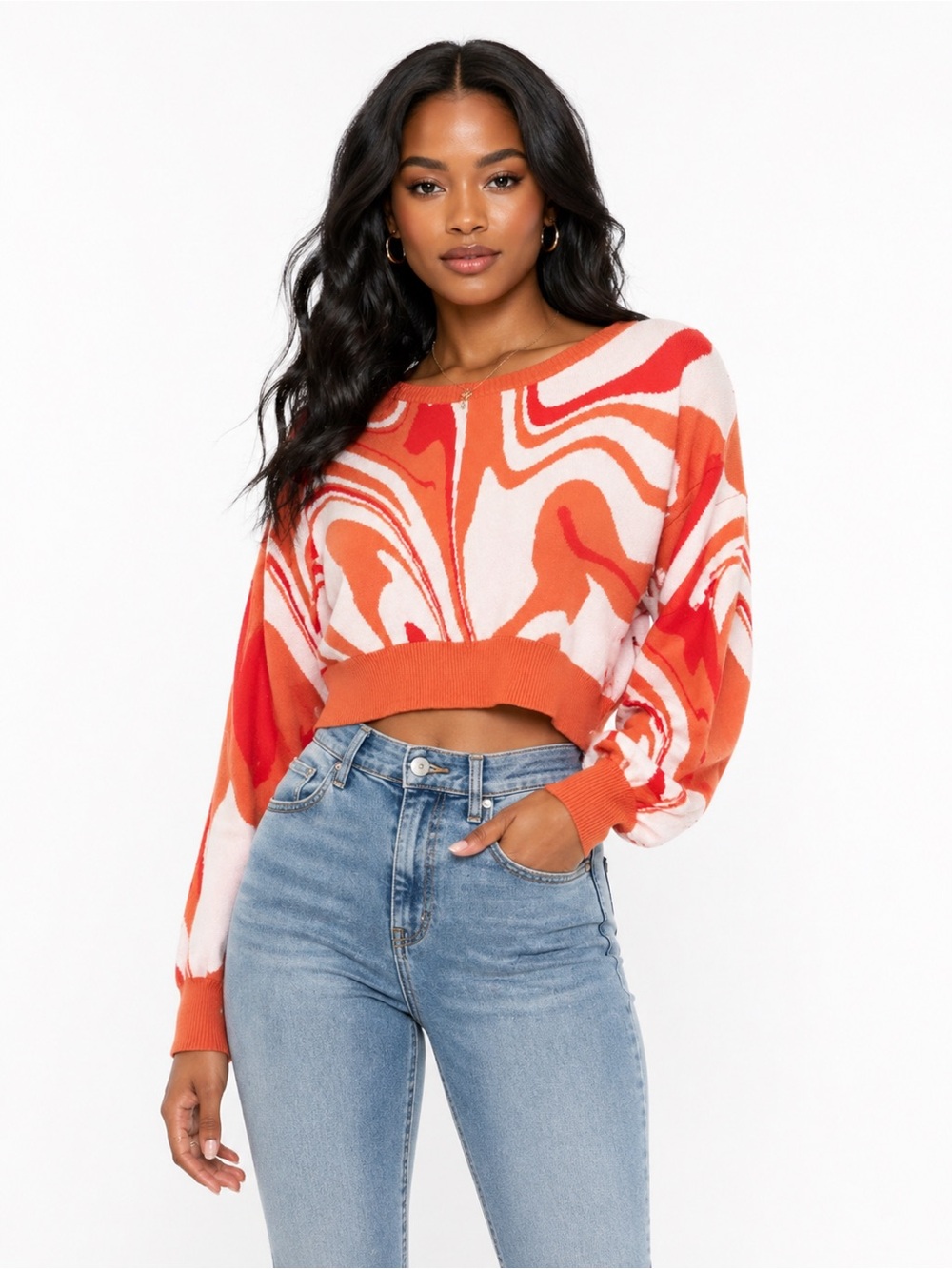 Altar'd State Orange & White Swirl Crop Pullover Sweater